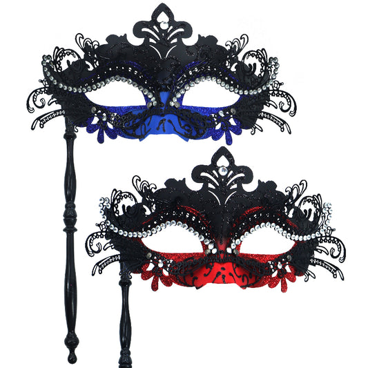 1PC Black Metal Masquerade Mask with Stick Ball Mask Dancing Party Mask Prom Mask Greek Mask Venetian Half Face Mask Mardi Gras Halloween Party