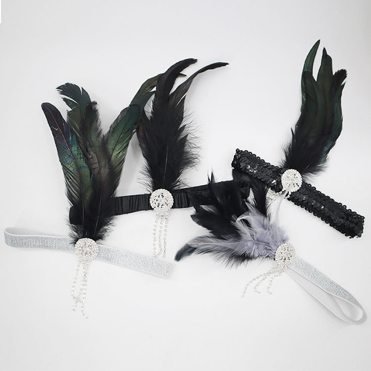 39/5000 Lowosaiwors' 20s feather headband with black feather headband gatsby set with diamond fringe elastic headband