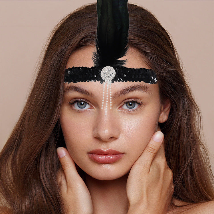 39/5000 Lowosaiwors' 20s feather headband with black feather headband gatsby set with diamond fringe elastic headband