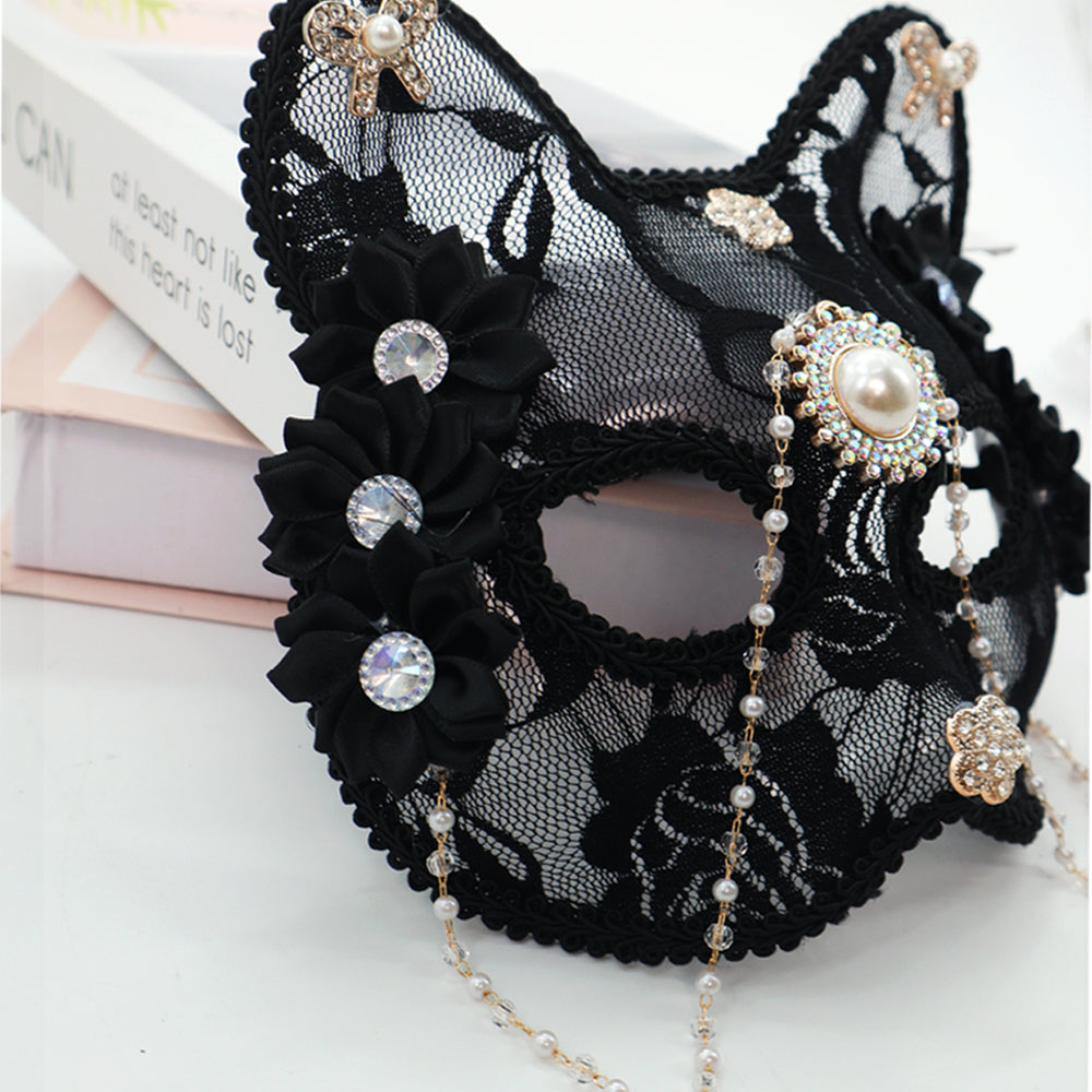 1PC Opulent Cat Face Half Mask with Pearl and Zircon Animal Mask Flower Mask Masquerade Mask Ball Mask Dancing Party Mask Prom Mask