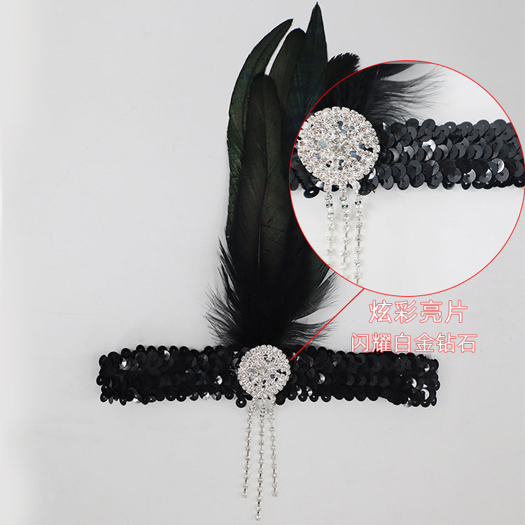 39/5000 Lowosaiwors' 20s feather headband with black feather headband gatsby set with diamond fringe elastic headband