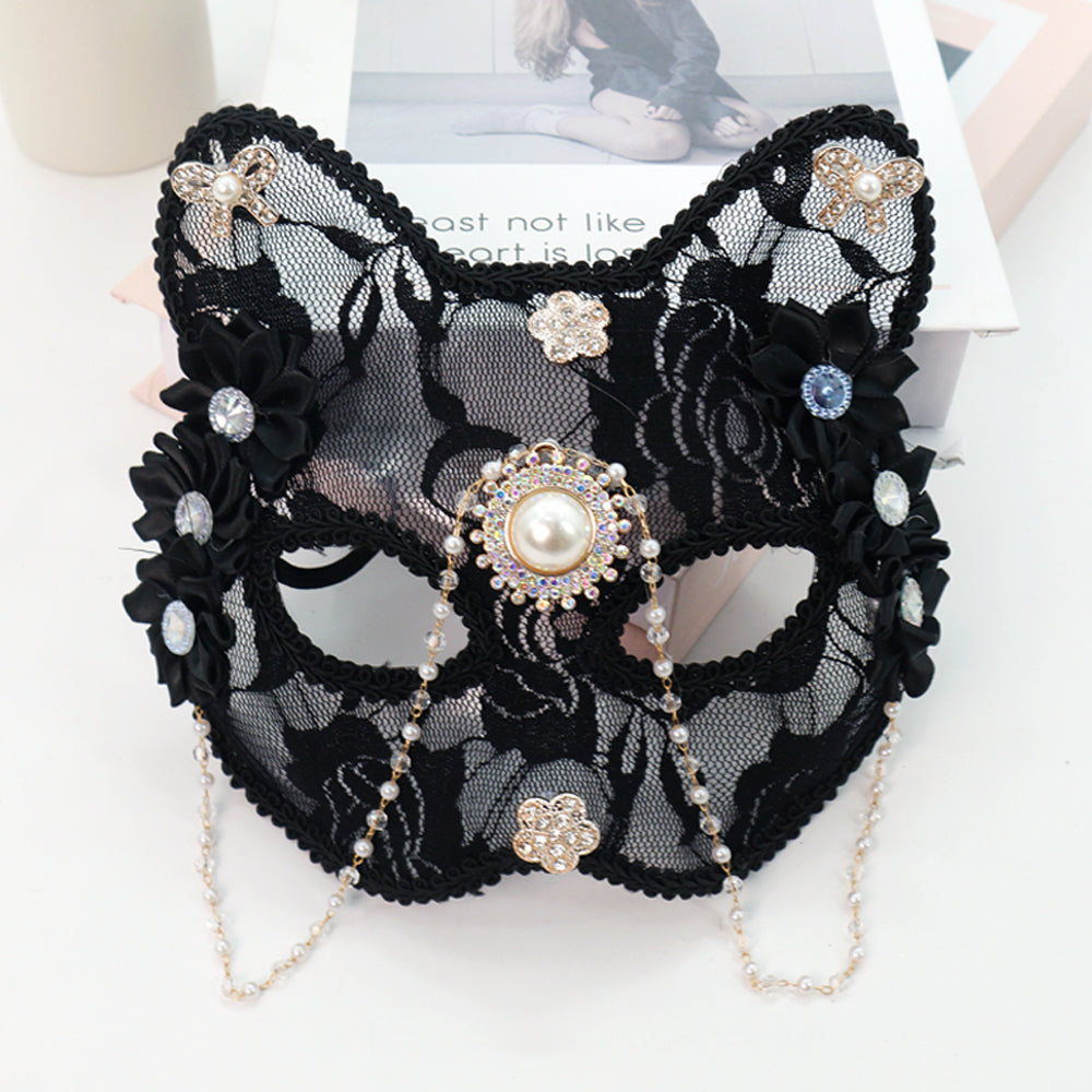 1PC Opulent Cat Face Half Mask with Pearl and Zircon Animal Mask Flower Mask Masquerade Mask Ball Mask Dancing Party Mask Prom Mask