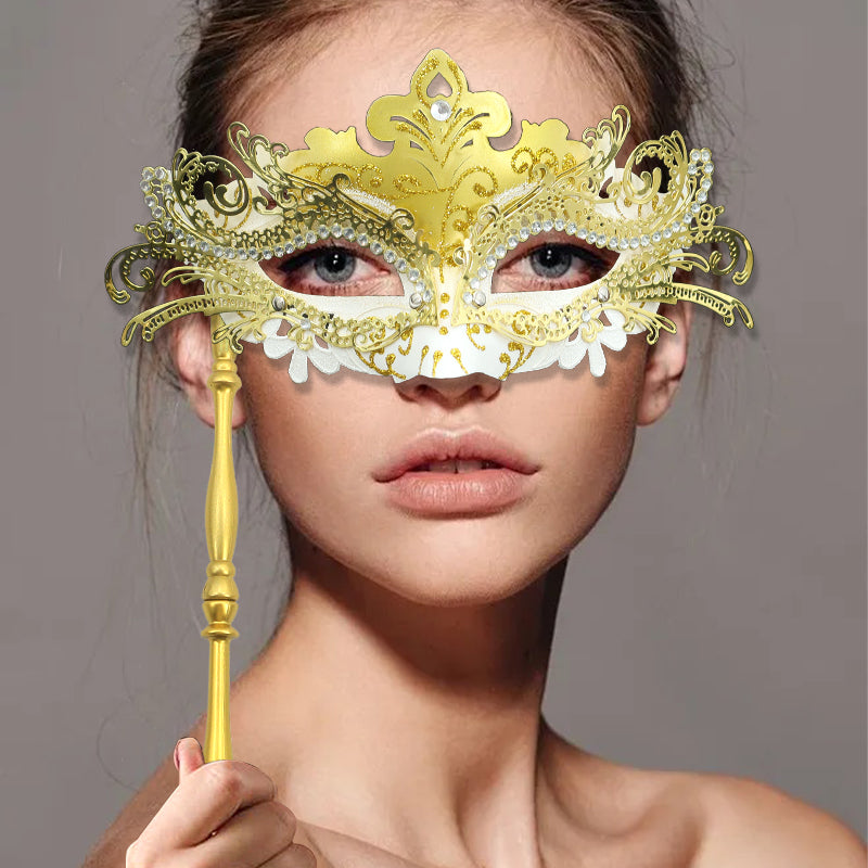 1PC Gold Metal Masquerade Mask with Stick Ball Mask Dancing Party Mask Prom Mask Greek Mask Venetian Half Face Mask Mardi Gras Halloween Party