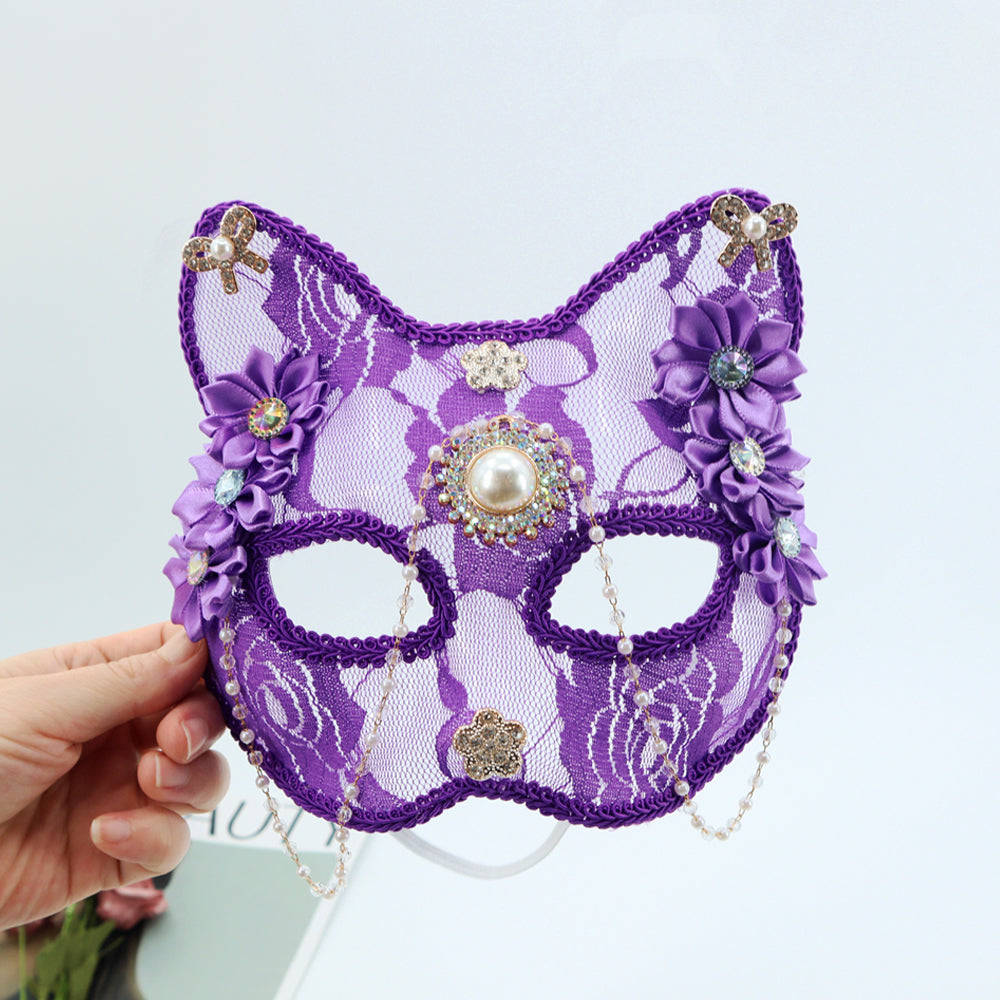 1PC Opulent Cat Face Half Mask with Pearl and Zircon Animal Mask Flower Mask Masquerade Mask Ball Mask Dancing Party Mask Prom Mask