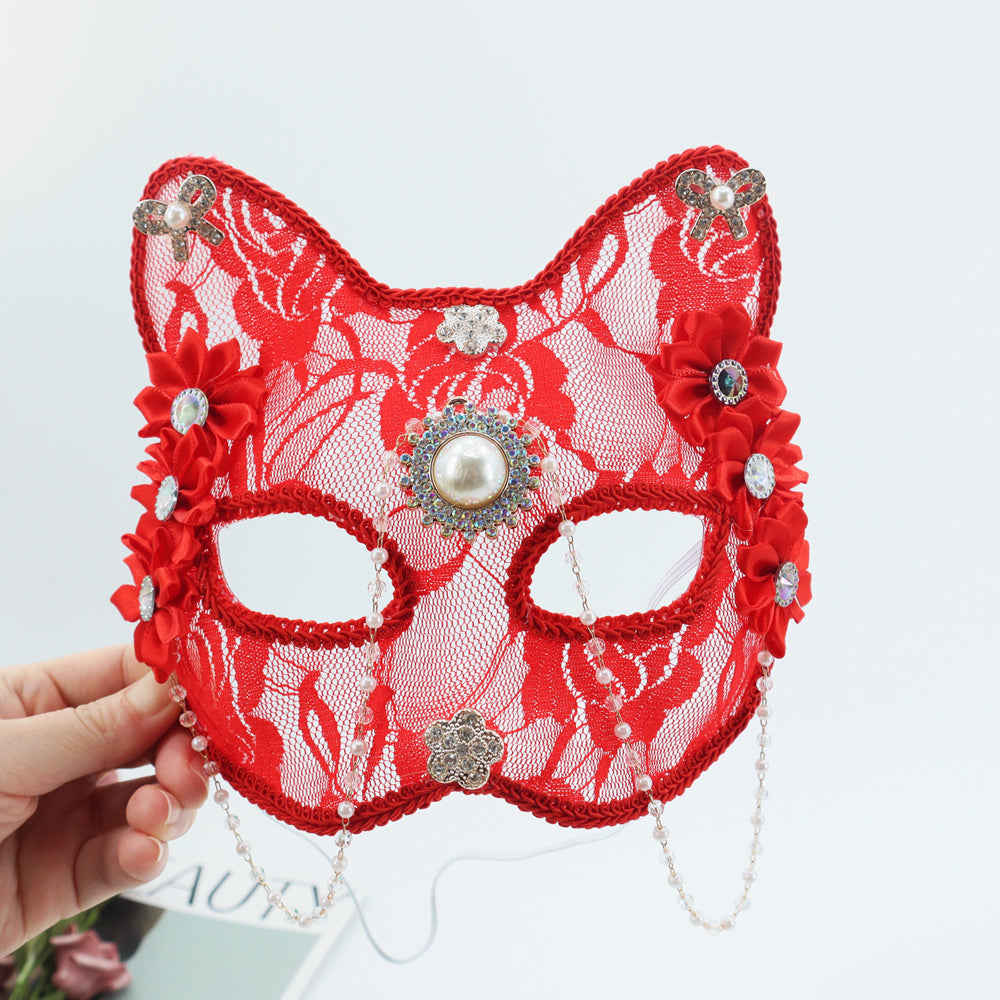 1PC Opulent Cat Face Half Mask with Pearl and Zircon Animal Mask Flower Mask Masquerade Mask Ball Mask Dancing Party Mask Prom Mask