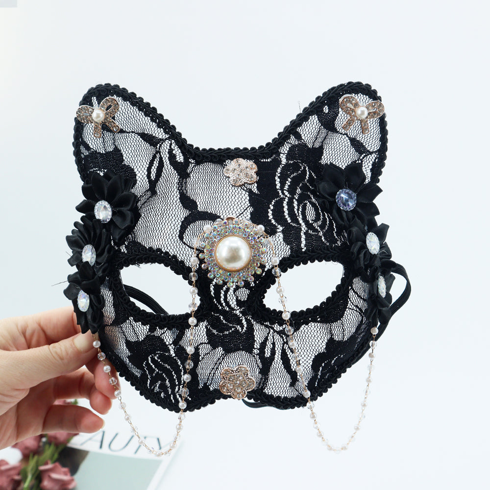 1PC Opulent Cat Face Half Mask with Pearl and Zircon Animal Mask Flower Mask Masquerade Mask Ball Mask Dancing Party Mask Prom Mask