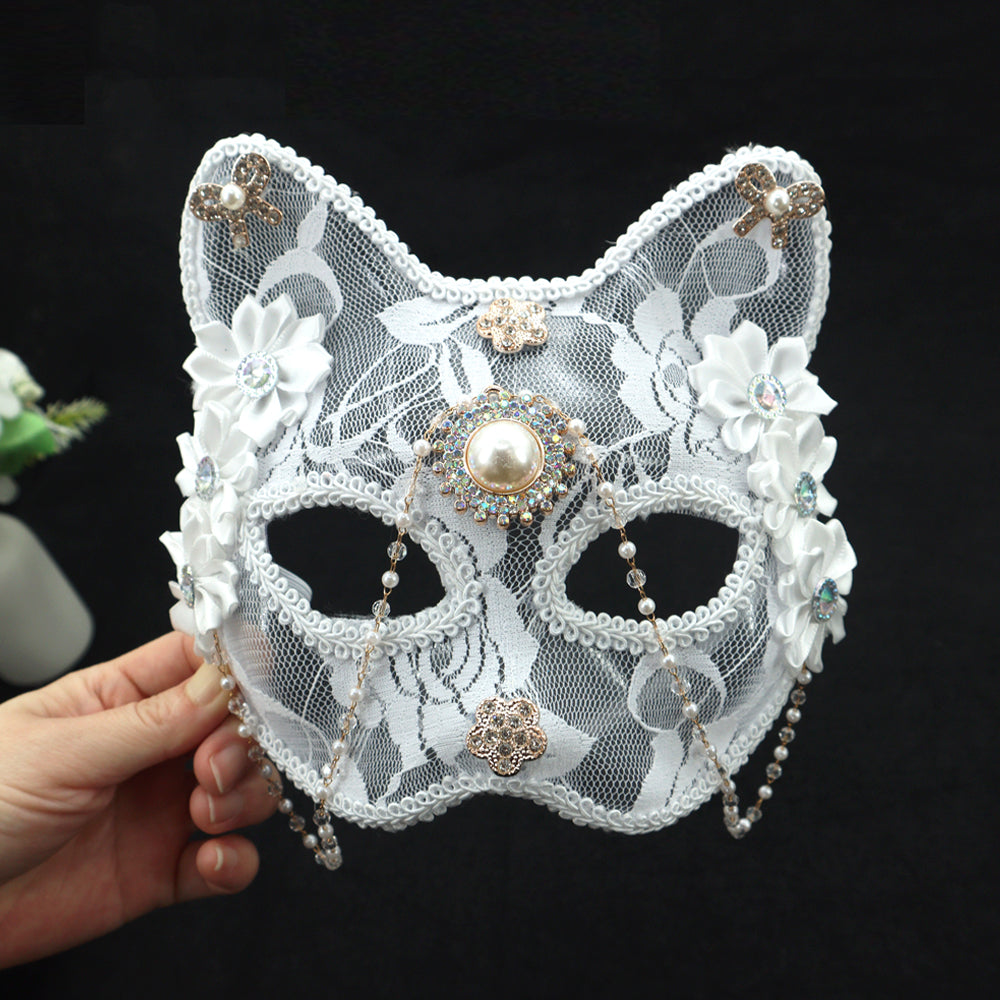 1PC Opulent Cat Face Half Mask with Pearl and Zircon Animal Mask Flower Mask Masquerade Mask Ball Mask Dancing Party Mask Prom Mask