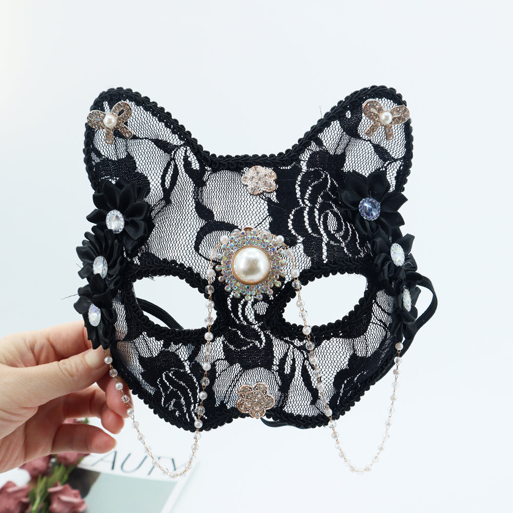 1PC Opulent Cat Face Half Mask with Pearl and Zircon Animal Mask Flower Mask Masquerade Mask Ball Mask Dancing Party Mask Prom Mask